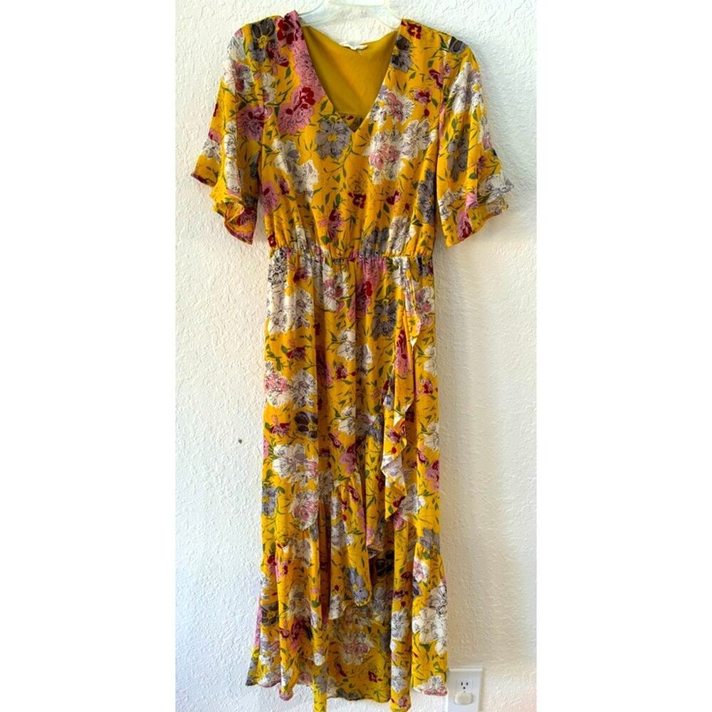 Anthropologie Entro Yellow Ruffle Floral Maxi Dress Cottagecore Boho Small $150